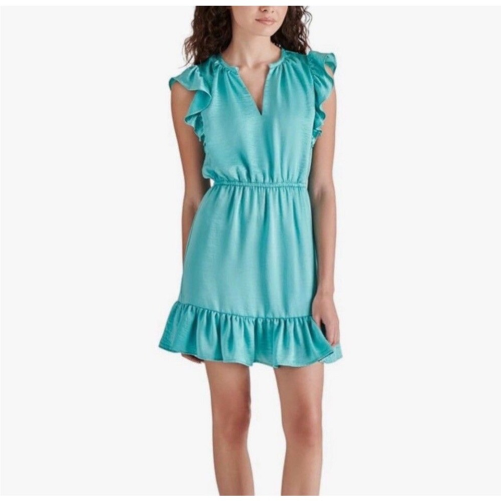 Steve Madden Satin Chiffon V-Neck Flutter Sleeve Turquoise XL Mini Dress NWT